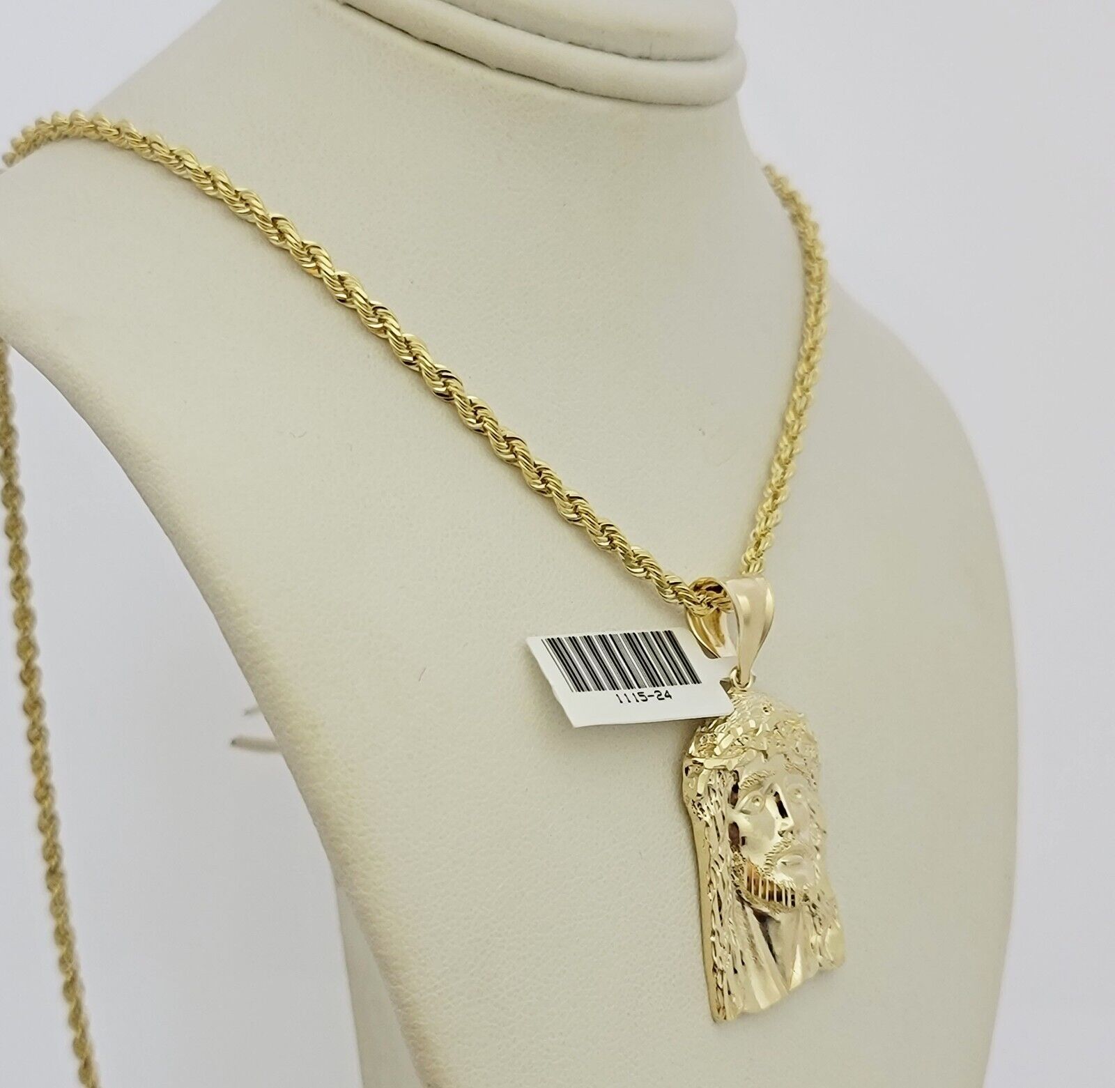 Real 10k Gold Rope Chain Jesus Face Charm Pendant Set 3mm Necklace 24 Inch SOLID